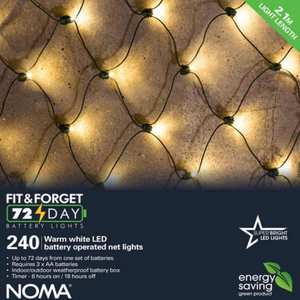 NOMA 'Fit & Forget' 240 LED Battery Operated Net Lights - Warm White | www.justgardening.com